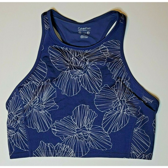 Calvin Klein Performance Wick Cropped Tank Top Sports Bra Size XL Navy Floral - Picture 1 of 2